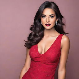 A brunette woman in her mid-20s with a slight tan, wearing a sexy red dress