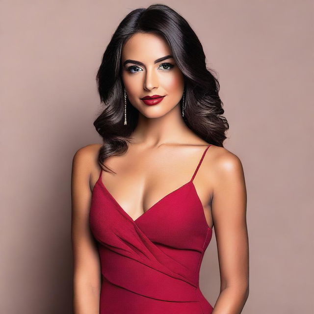 A brunette woman in her mid-20s with a slight tan, wearing a sexy red dress