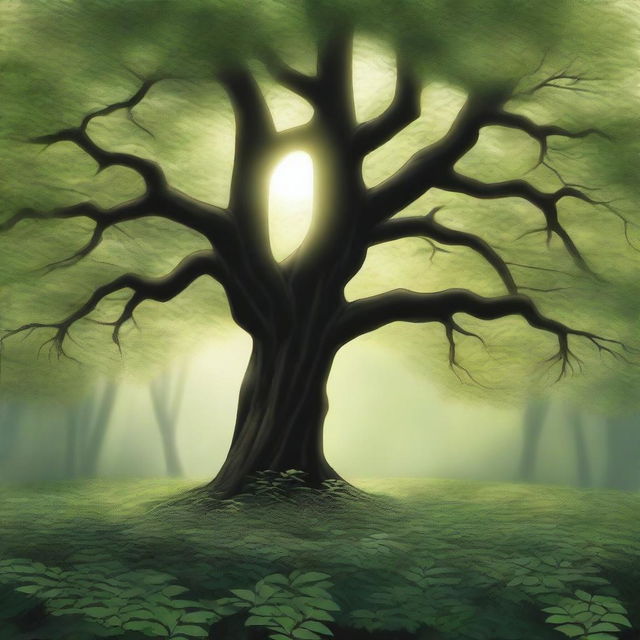 A beautiful and elegant depiction of an ebony tree in its natural habitat, with lush green leaves and a strong, dark trunk