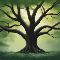 A beautiful and elegant depiction of an ebony tree in its natural habitat, with lush green leaves and a strong, dark trunk