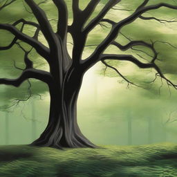 A beautiful and elegant depiction of an ebony tree in its natural habitat, with lush green leaves and a strong, dark trunk