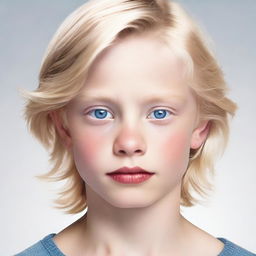 A blond boy with shoulder-length hair, blue eyes, and plump lips