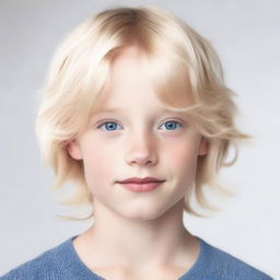 A blond boy with shoulder-length hair, blue eyes, and plump lips