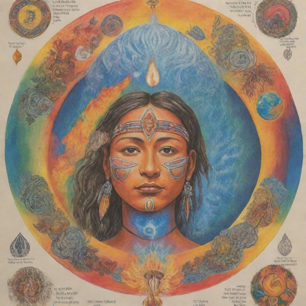 Reduce the size and transform the consciousness festival poster into a smaller, hand-drawn version, ensuring the indigenous face and the five elements - Earth, Fire, Air, Water, and Ether - are still clearly depicted in a harmonious and vibrant manner.