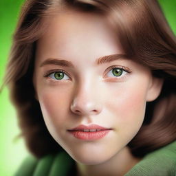 A realistic image of a girl with brown hair and green eyes, showcasing an American appearance