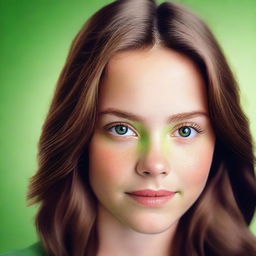 A realistic image of a girl with brown hair and green eyes, showcasing an American appearance