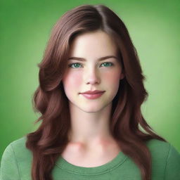 A realistic image of a girl with brown hair and green eyes, showcasing an American appearance