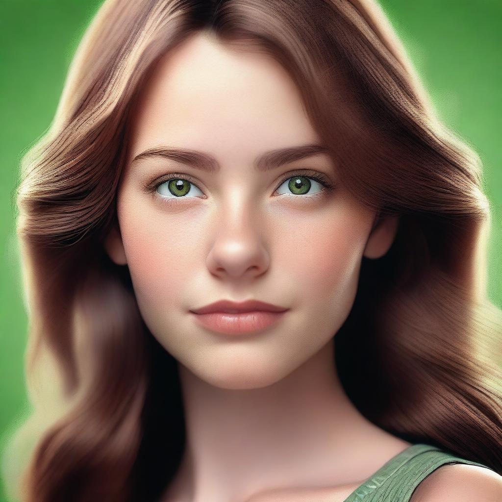 A realistic image of a girl with brown hair and green eyes, showcasing an American appearance