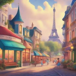 A magical Disney version of Paris, featuring iconic landmarks like the Eiffel Tower, Notre-Dame Cathedral, and charming Parisian streets, all rendered in the enchanting and whimsical style of Disney animation