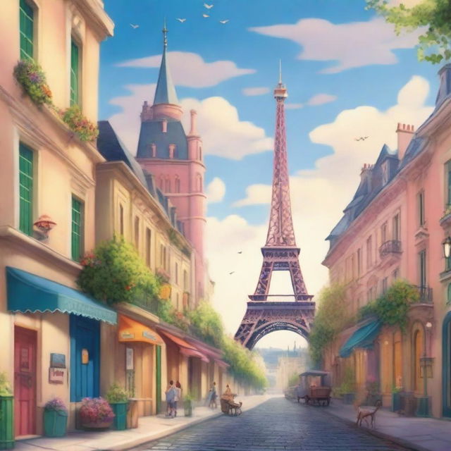 A magical Disney version of Paris, featuring iconic landmarks like the Eiffel Tower, Notre-Dame Cathedral, and charming Parisian streets, all rendered in the enchanting and whimsical style of Disney animation