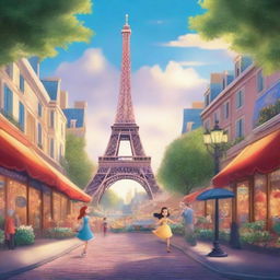 A magical Disney version of Paris, featuring iconic landmarks like the Eiffel Tower, Notre-Dame Cathedral, and charming Parisian streets, all rendered in the enchanting and whimsical style of Disney animation