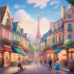 A magical Disney version of Paris, featuring iconic landmarks like the Eiffel Tower, Notre-Dame Cathedral, and charming Parisian streets, all rendered in the enchanting and whimsical style of Disney animation