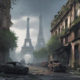 A post-apocalyptic version of Paris, featuring iconic landmarks like the Eiffel Tower and Notre-Dame Cathedral in ruins