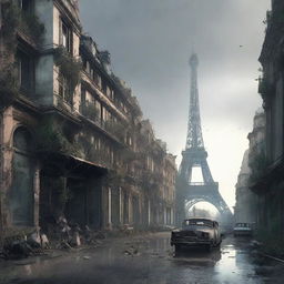 A post-apocalyptic version of Paris, featuring iconic landmarks like the Eiffel Tower and Notre-Dame Cathedral in ruins