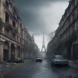 A post-apocalyptic version of Paris, featuring iconic landmarks like the Eiffel Tower and Notre-Dame Cathedral in ruins