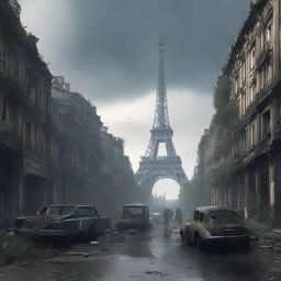 A post-apocalyptic version of Paris, featuring iconic landmarks like the Eiffel Tower and Notre-Dame Cathedral in ruins