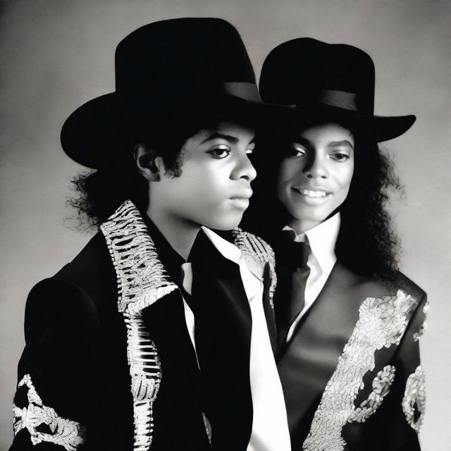 Create an image depicting an older Michael Jackson standing beside his younger self