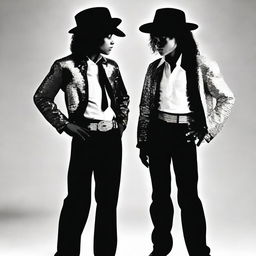 Create an image depicting an older Michael Jackson standing beside his younger self