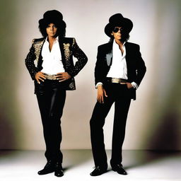 Create an image depicting an older Michael Jackson standing beside his younger self