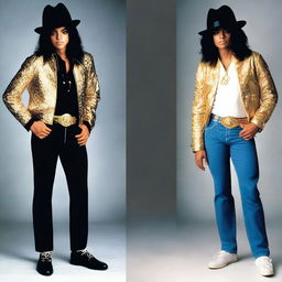 A detailed image showing Michael Jackson at 50 years old standing next to his younger self