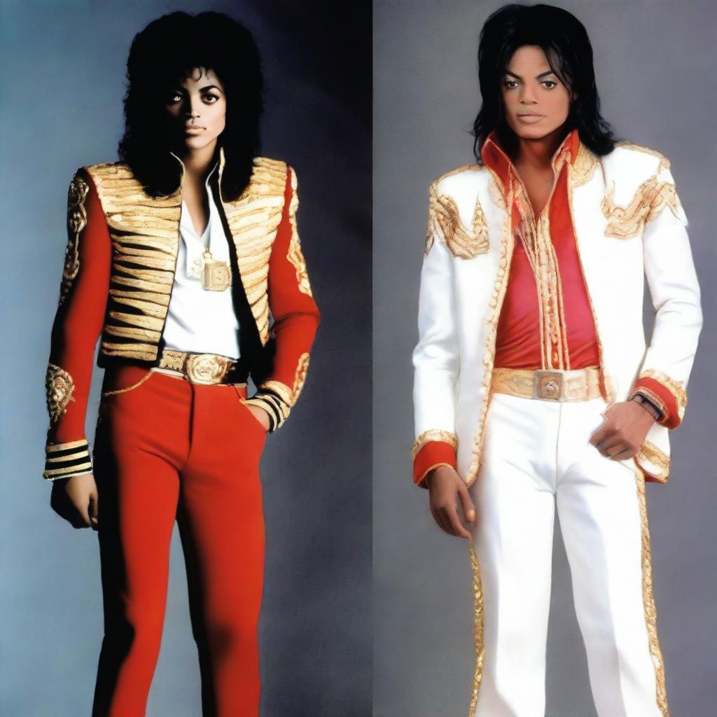 A detailed image showing Michael Jackson at 50 years old standing next to his younger self