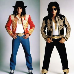 A detailed image showing Michael Jackson at 50 years old standing next to his younger self