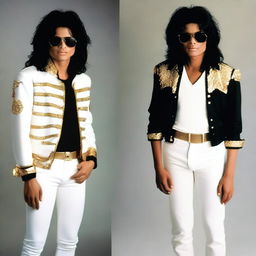 Create an image featuring Michael Jackson at 50 years old standing next to his 20 year old self