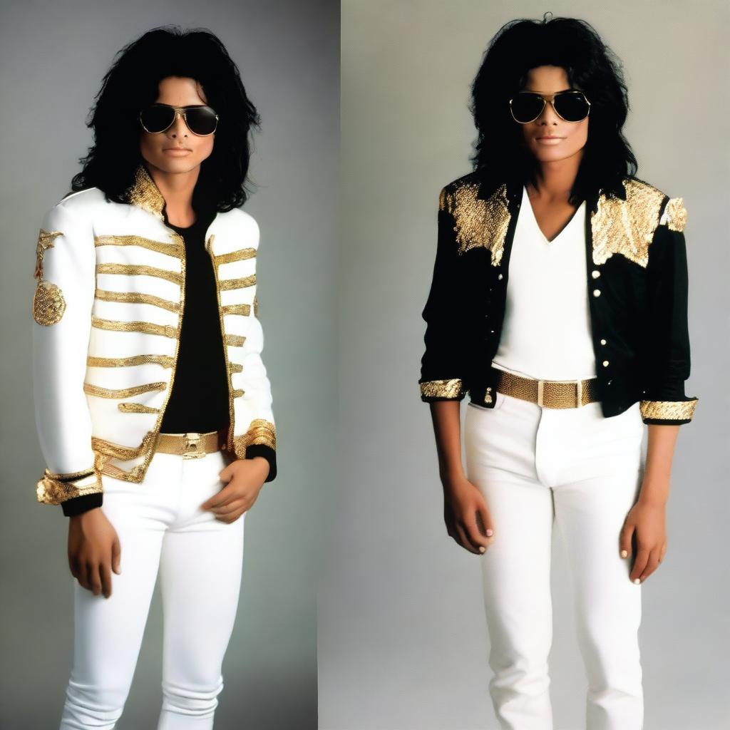 Create an image featuring Michael Jackson at 50 years old standing next to his 20 year old self