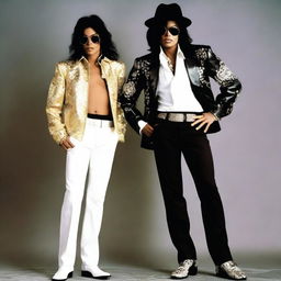 Create an image featuring Michael Jackson at 50 years old standing next to his 20 year old self