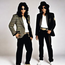 Create an image featuring Michael Jackson at 50 years old standing next to his 20 year old self