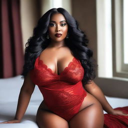 A beautiful and confident black woman with a curvy figure, long black hair, and wearing elegant red lingerie