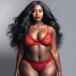 A beautiful and confident black woman with a curvy figure, long black hair, and wearing elegant red lingerie