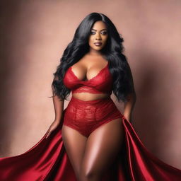 A beautiful and confident black woman with a curvy figure, long black hair, and wearing elegant red lingerie