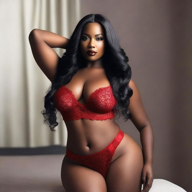 A beautiful and confident black woman with a curvy figure, long black hair, and wearing elegant red lingerie