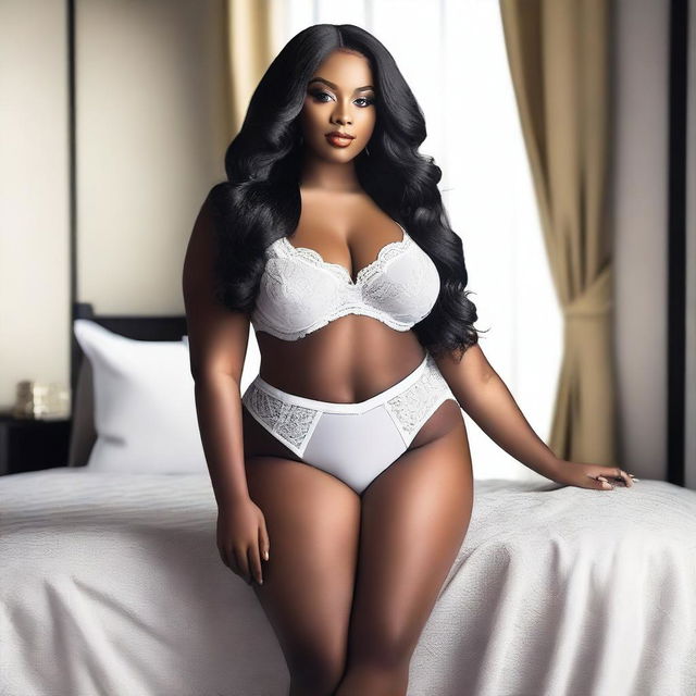 A beautiful and confident black woman with a curvy figure, long black hair, and wearing elegant white lingerie