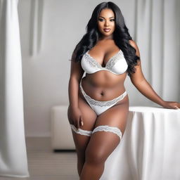 A beautiful and confident black woman with a curvy figure, long black hair, and wearing elegant white lingerie