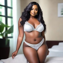 A beautiful and confident black woman with a curvy figure, long black hair, and wearing elegant white lingerie