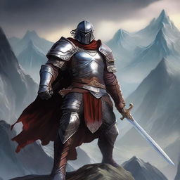 A fierce Dungeons & Dragons warrior standing in a fantasy setting, wearing detailed armor and wielding a large sword