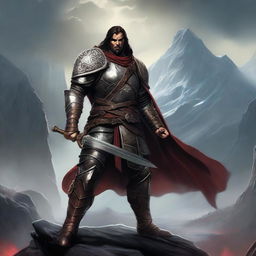 A fierce Dungeons & Dragons warrior standing in a fantasy setting, wearing detailed armor and wielding a large sword