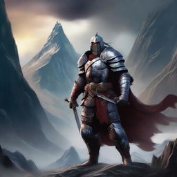 A fierce Dungeons & Dragons warrior standing in a fantasy setting, wearing detailed armor and wielding a large sword