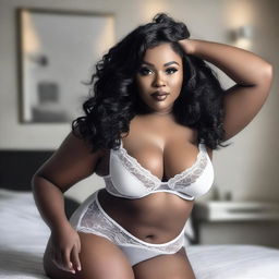 A realistic photo of a sexy black curvy woman with black weave hair, wearing white lingerie