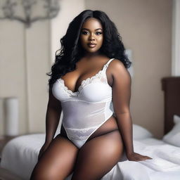 A realistic photo of a sexy black curvy woman with black weave hair, wearing white lingerie