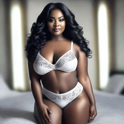 A realistic photo of a sexy black curvy woman with black weave hair, wearing white lingerie