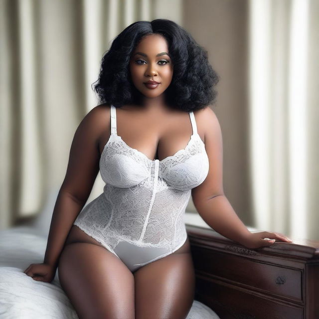 A realistic photo of a sexy black curvy woman with black weave hair, wearing white lingerie