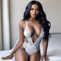 A realistic photo of a beautiful black woman with long black hair, wearing elegant white lingerie