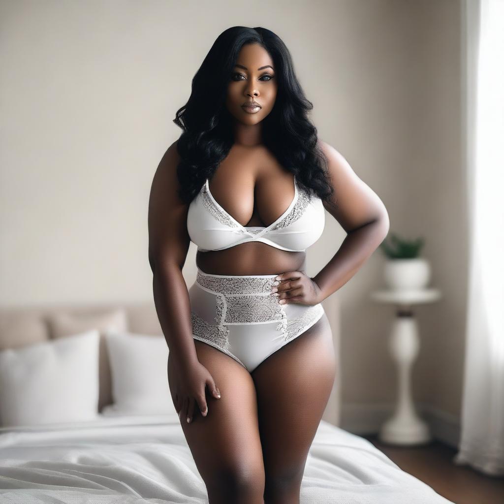 A realistic photo of a curvy black woman with long black hair wearing white lingerie