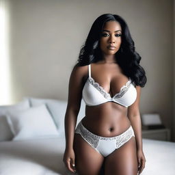 A realistic photo of a curvy black woman with long black hair wearing white lingerie