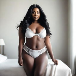 A realistic photo of a curvy black woman with long black hair wearing white lingerie