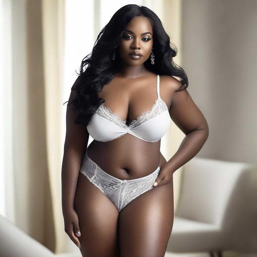 A realistic photo of a curvy black woman with long black hair wearing white lingerie