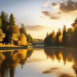 A serene landscape with a calm river flowing through a dense forest